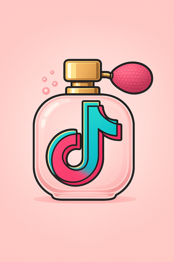 Perfume bottle with TikTok logo on a pink background