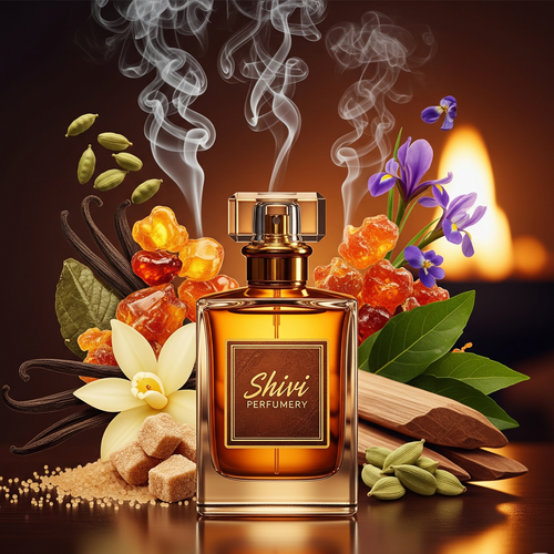 Shivi Perfumery perfume bottle surrounded by flowers and spices with a warm glow.